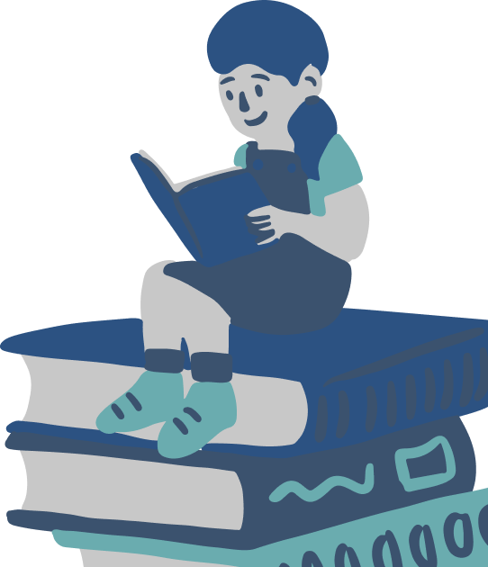 a girl siting on the big books and reading a book